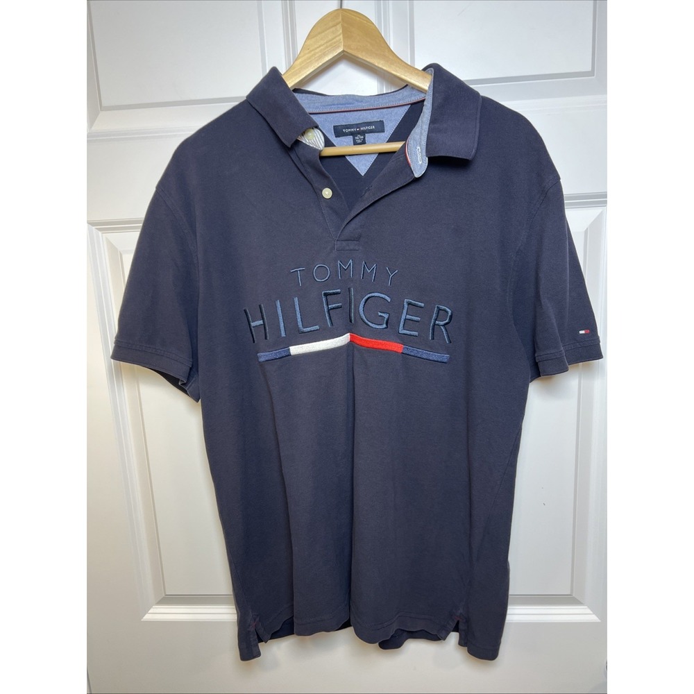 Tommy Hilfiger Polo Shirt XL Blue Custom‎ Fit Embroidered Spell Out Logo Cotton